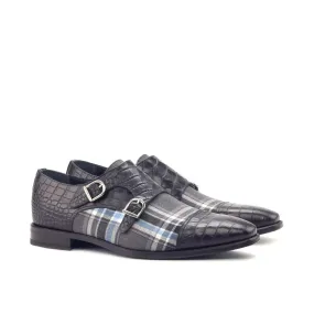 DapperFam Monaco in Plaid / Black Men's Sartorial & Italian Croco Embossed Leather Double Monk