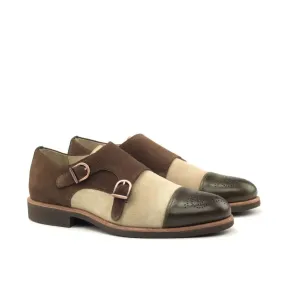 DapperFam Monaco in Tartan / Med Brown / Olive / Taupe Men's Sartorial & Lux Italian Suede & Italian Leather Double Monk