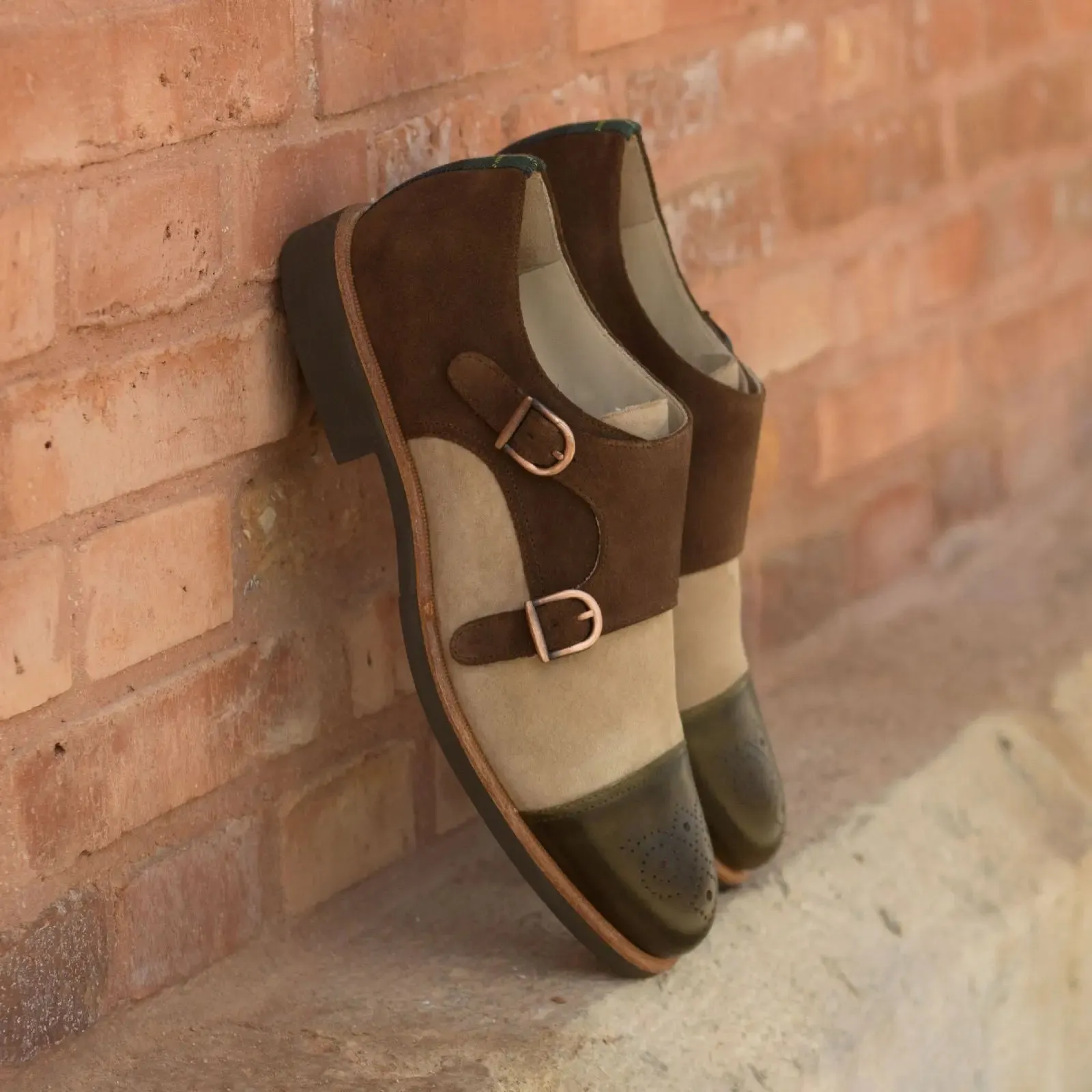 DapperFam Monaco in Tartan / Med Brown / Olive / Taupe Men's Sartorial & Lux Italian Suede & Italian Leather Double Monk