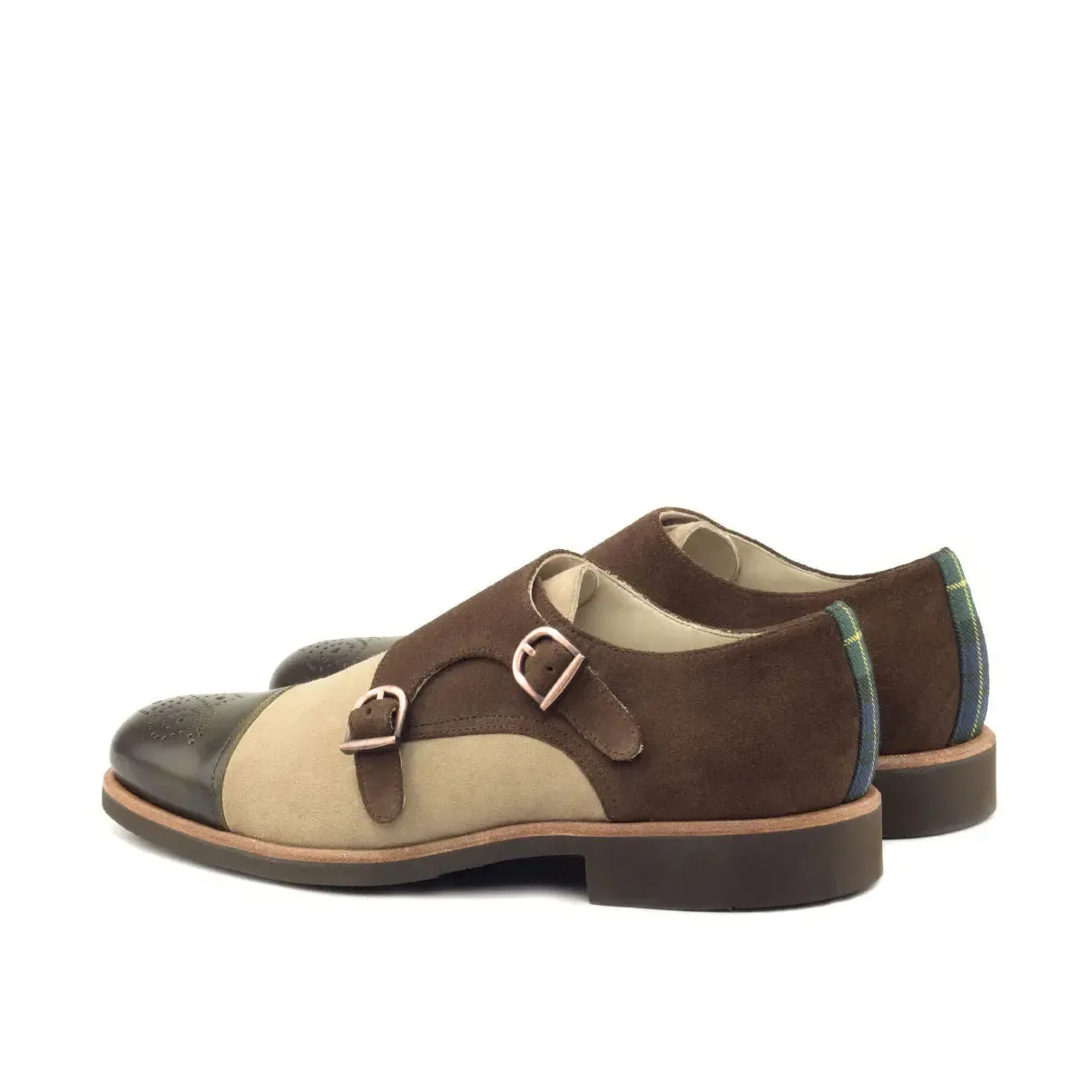 DapperFam Monaco in Tartan / Med Brown / Olive / Taupe Men's Sartorial & Lux Italian Suede & Italian Leather Double Monk