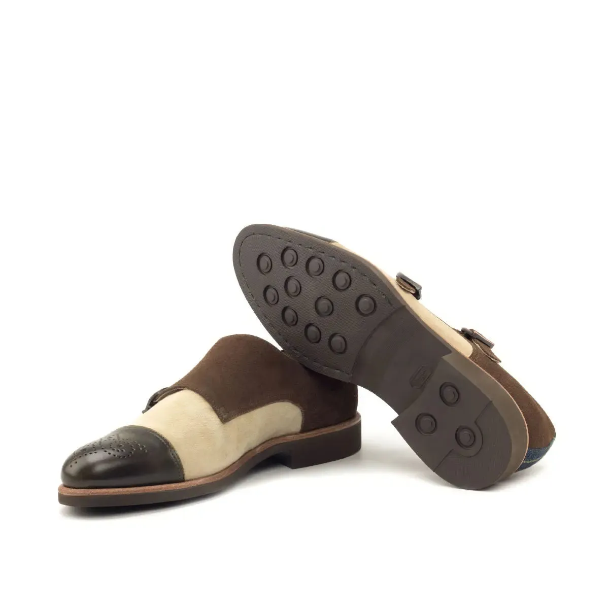 DapperFam Monaco in Tartan / Med Brown / Olive / Taupe Men's Sartorial & Lux Italian Suede & Italian Leather Double Monk