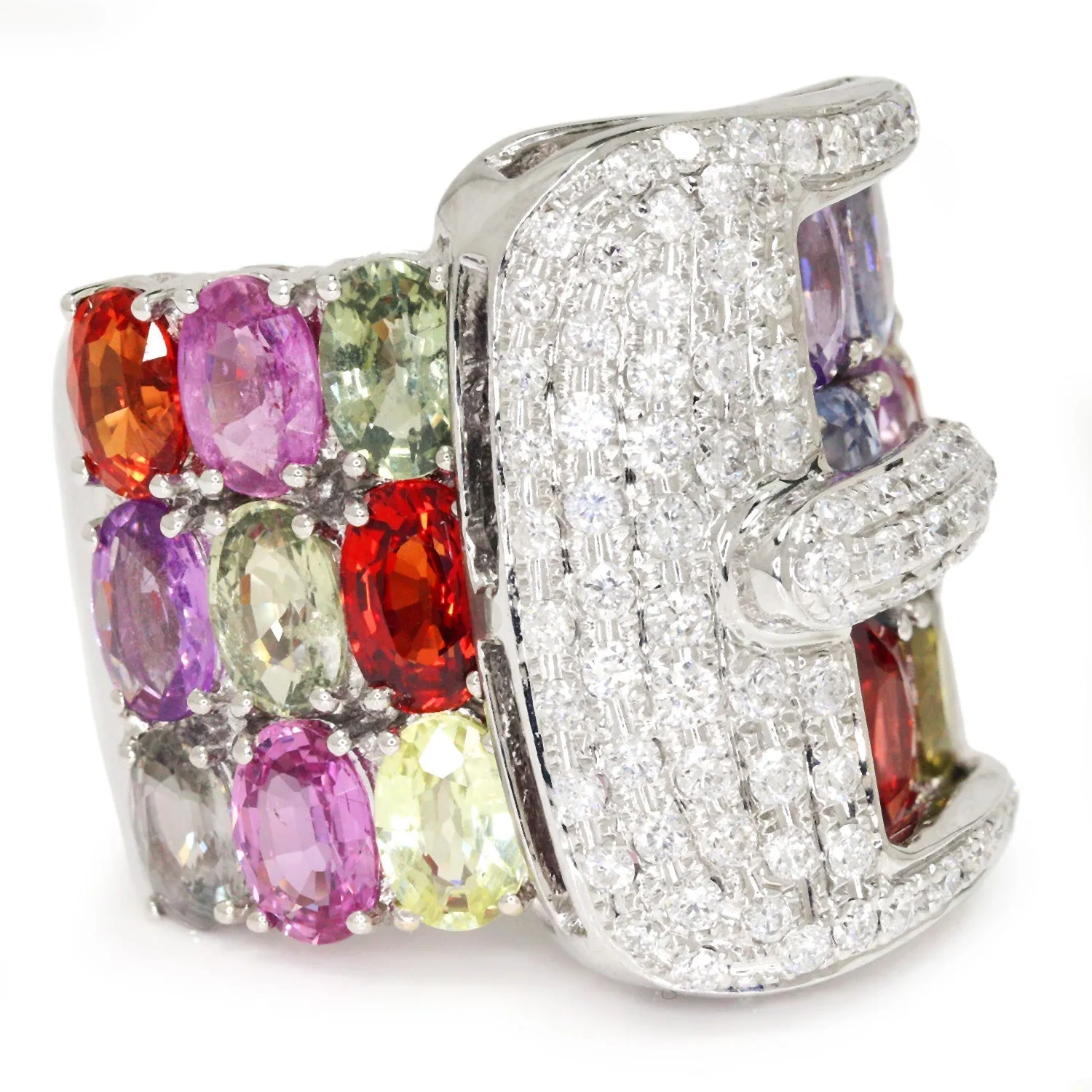 Diamond Belt Buckle Ring with Multi-Color Sapphire's 14K