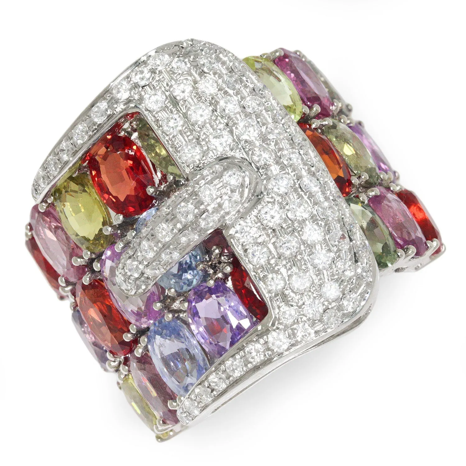 Diamond Belt Buckle Ring with Multi-Color Sapphire's 14K