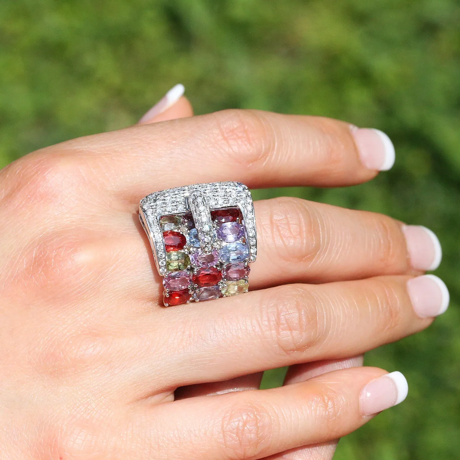 Diamond Belt Buckle Ring with Multi-Color Sapphire's 14K