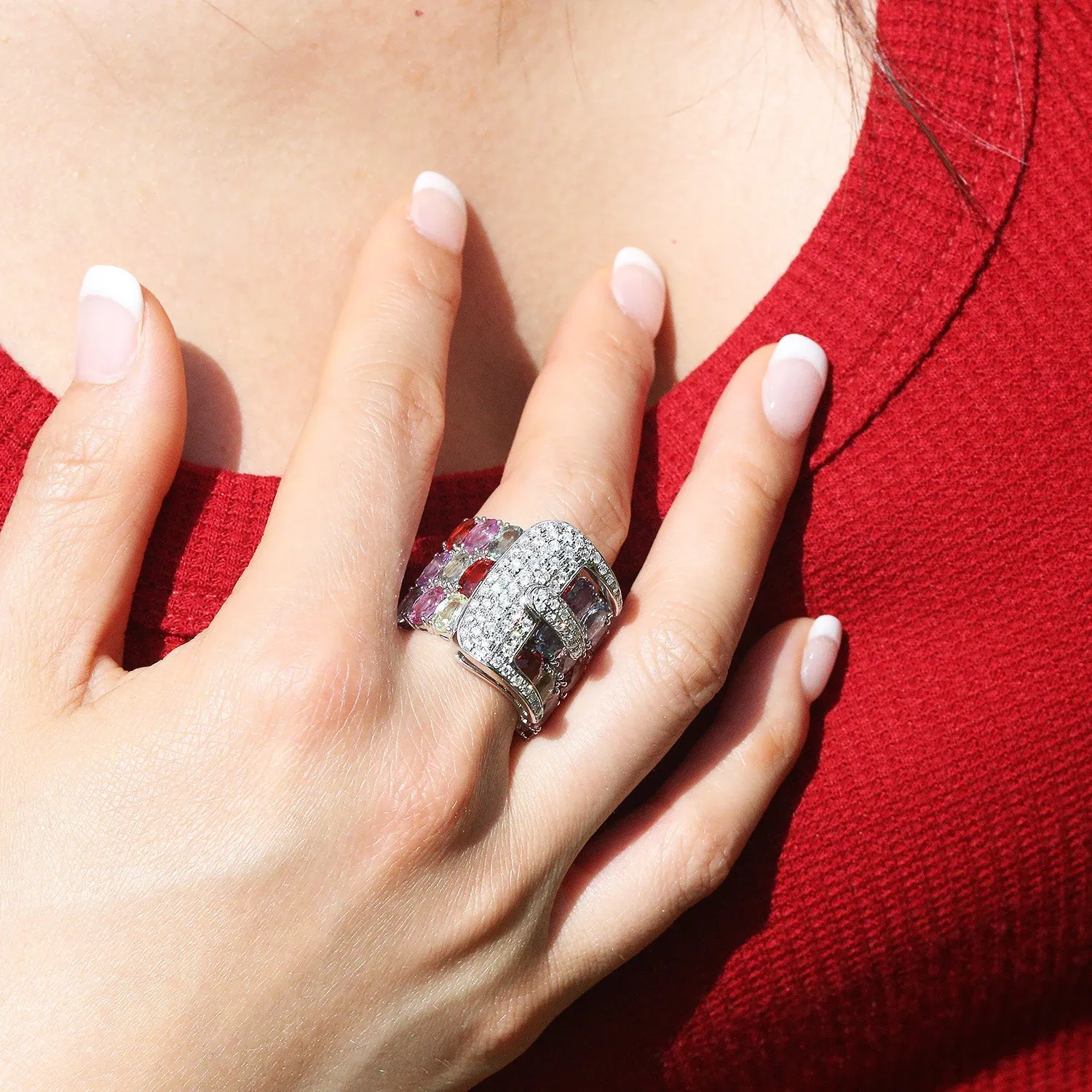 Diamond Belt Buckle Ring with Multi-Color Sapphire's 14K