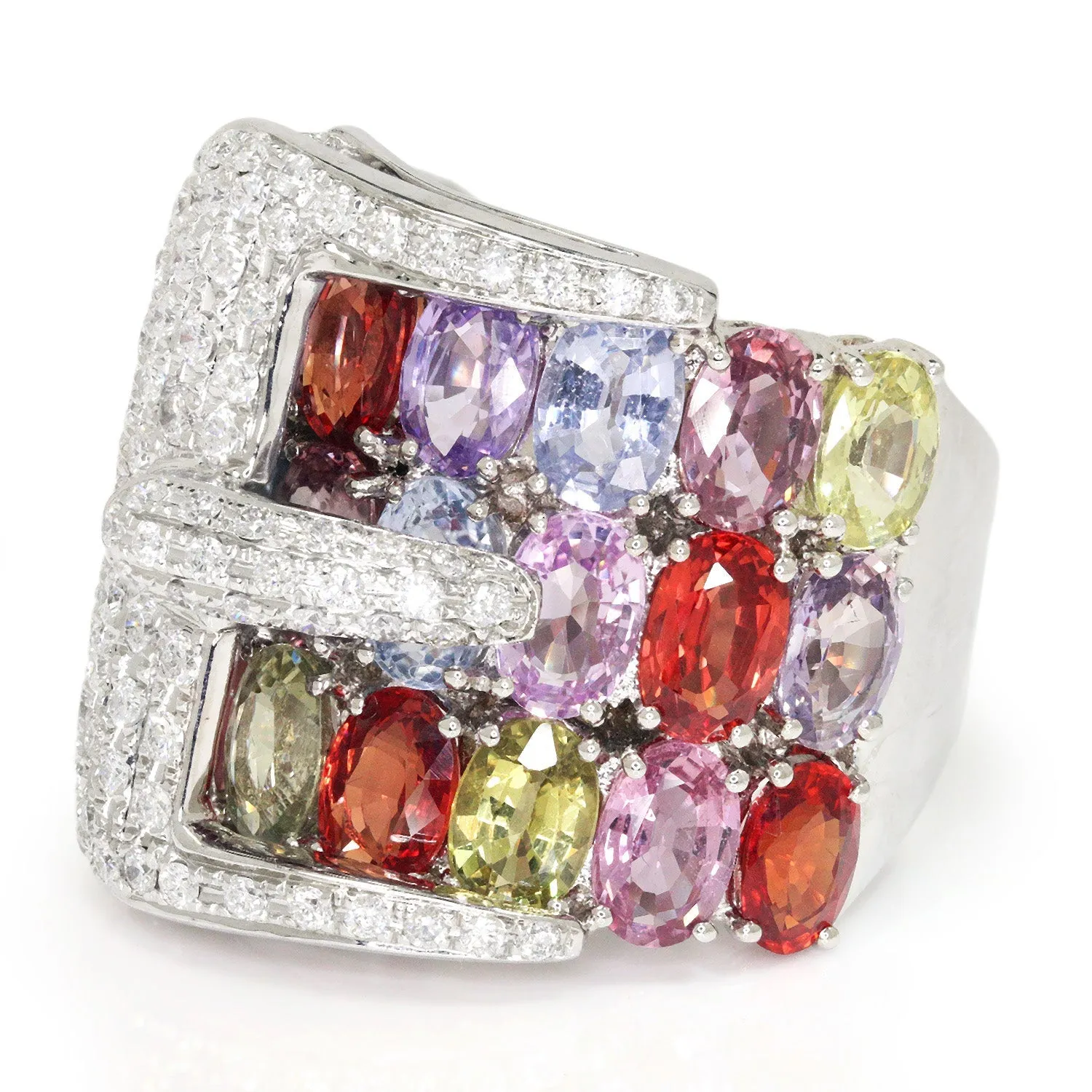Diamond Belt Buckle Ring with Multi-Color Sapphire's 14K
