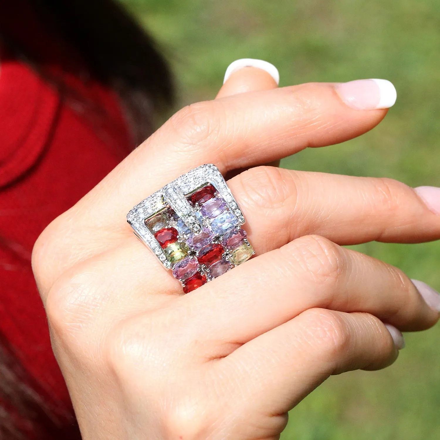Diamond Belt Buckle Ring with Multi-Color Sapphire's 14K