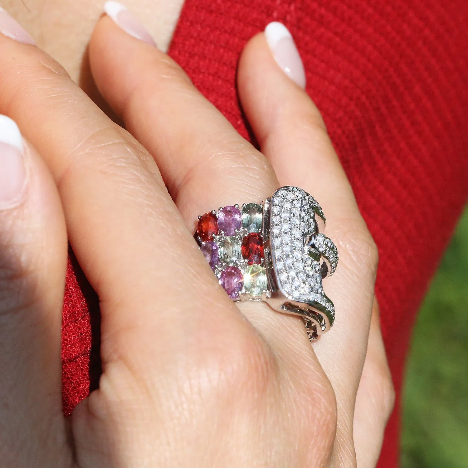 Diamond Belt Buckle Ring with Multi-Color Sapphire's 14K