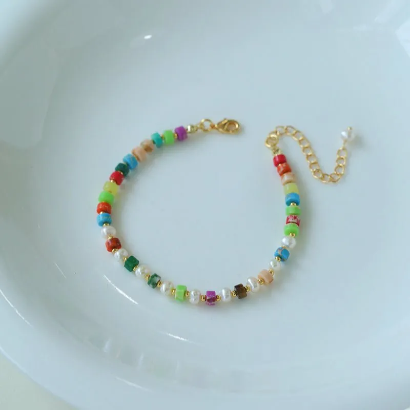 Dopamine-Colored Natural Stone and Pearl Beaded Bracelet