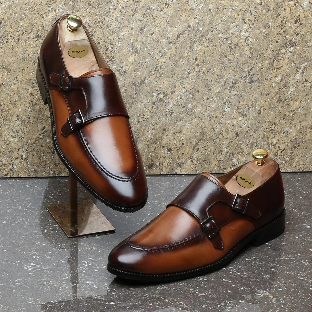 Dual Tone Tan-Brown Contrasting Double Monk Shoes