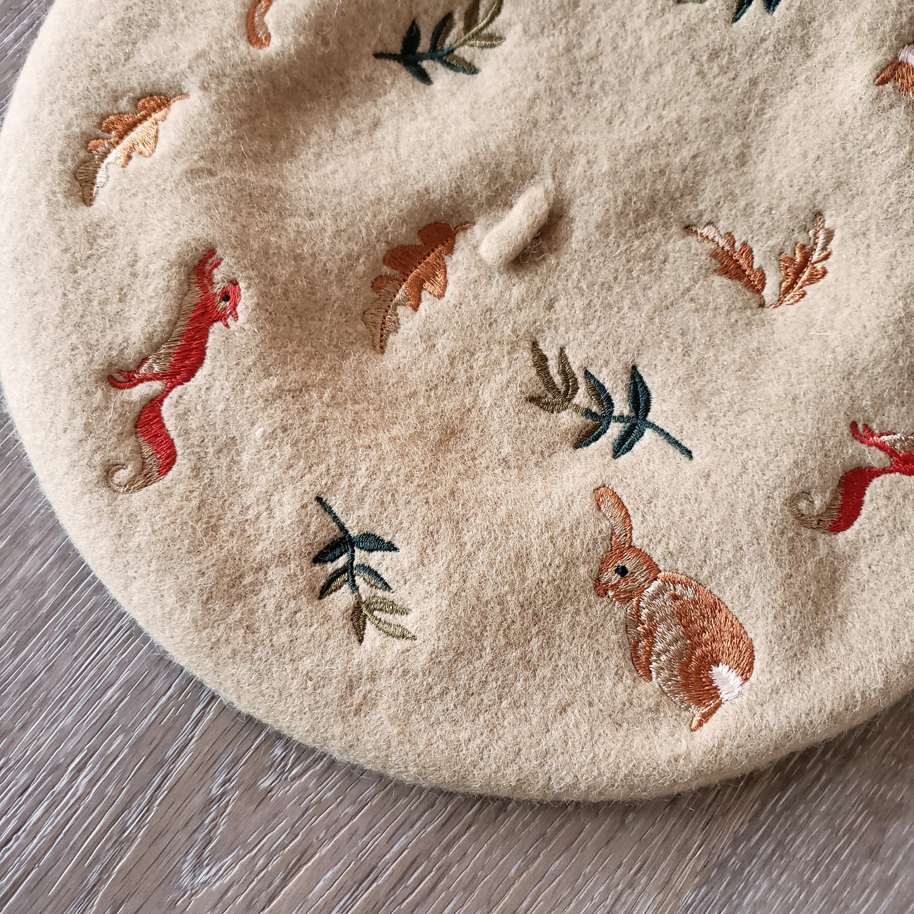 Embroidered Forest Critters Beret
