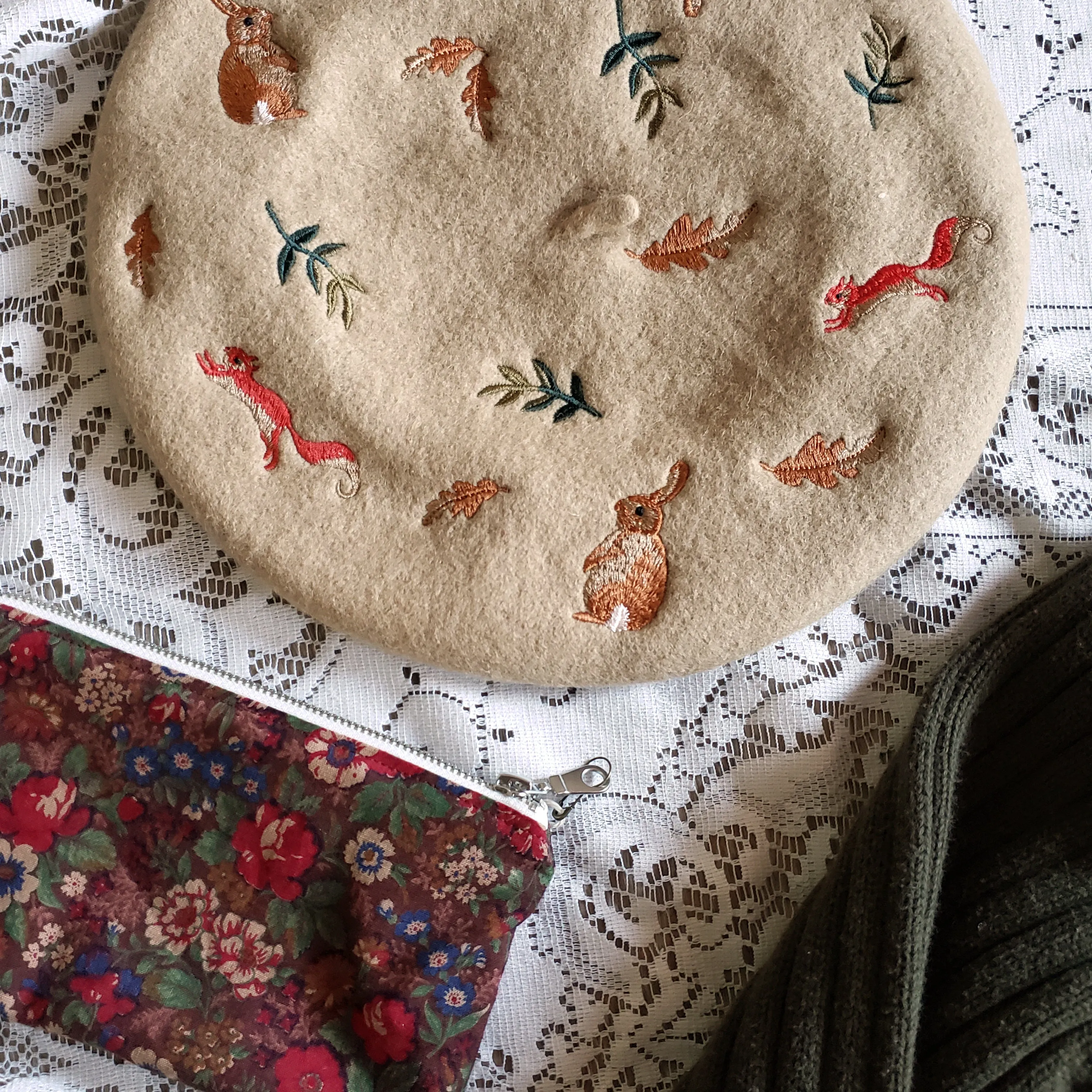 Embroidered Forest Critters Beret