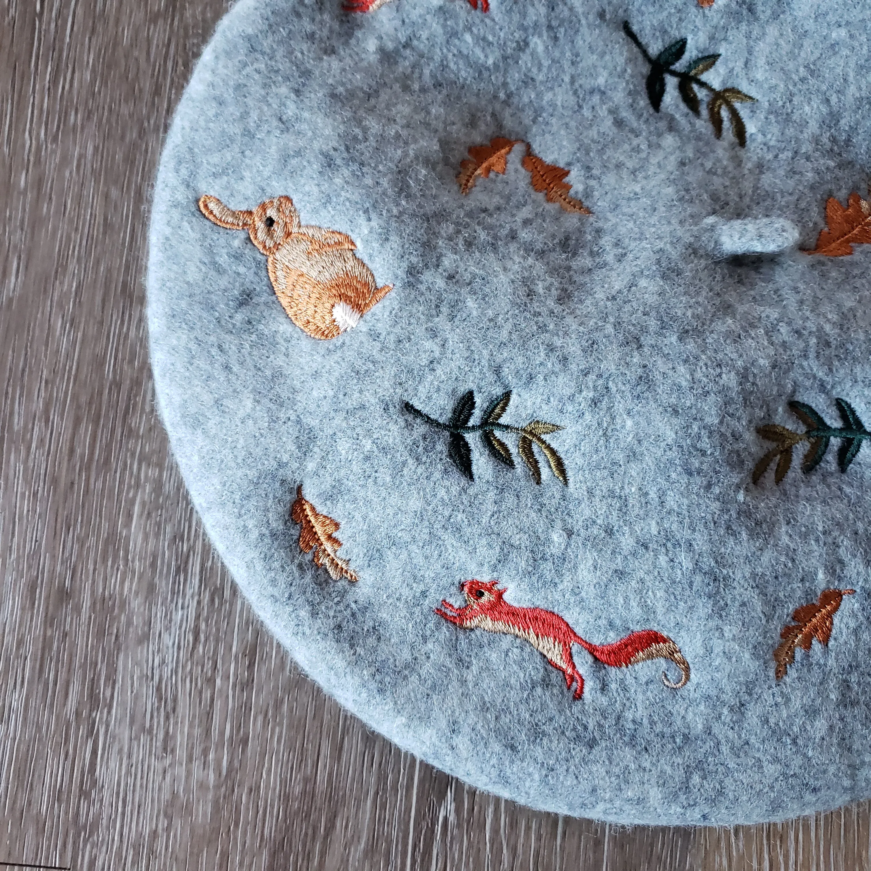 Embroidered Forest Critters Beret