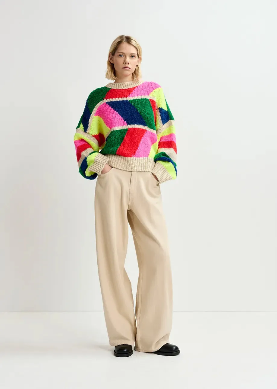 Essentiel Antwerp Graduation Geometric Sweater - Beige / Fluo Pink / Red