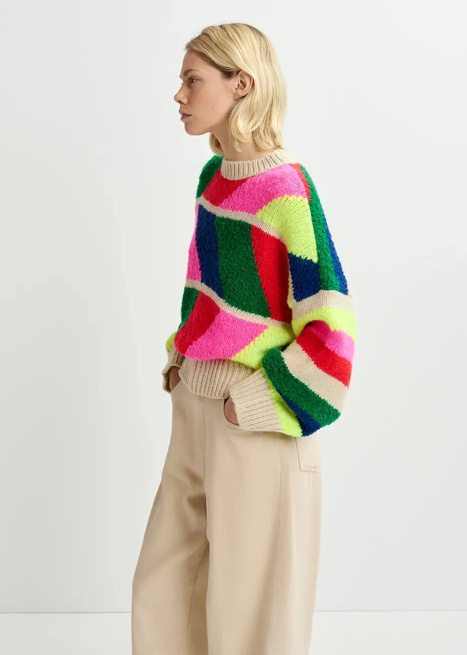Essentiel Antwerp Graduation Geometric Sweater - Beige / Fluo Pink / Red