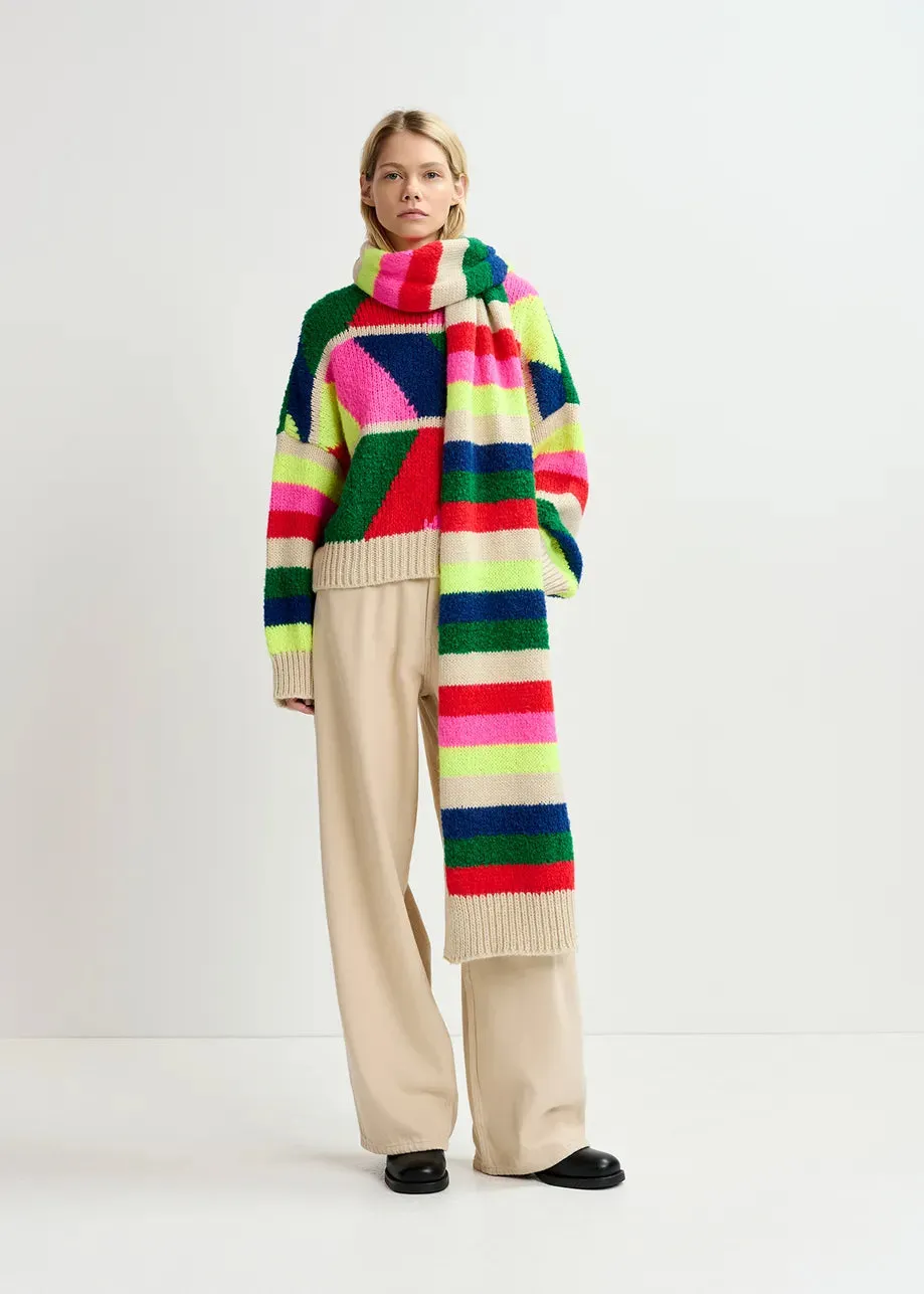Essentiel Antwerp Graduation Geometric Sweater - Beige / Fluo Pink / Red