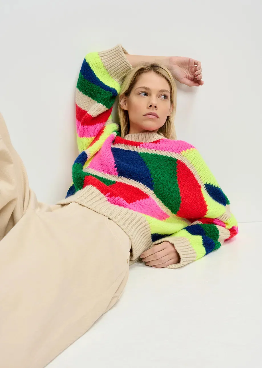 Essentiel Antwerp Graduation Geometric Sweater - Beige / Fluo Pink / Red