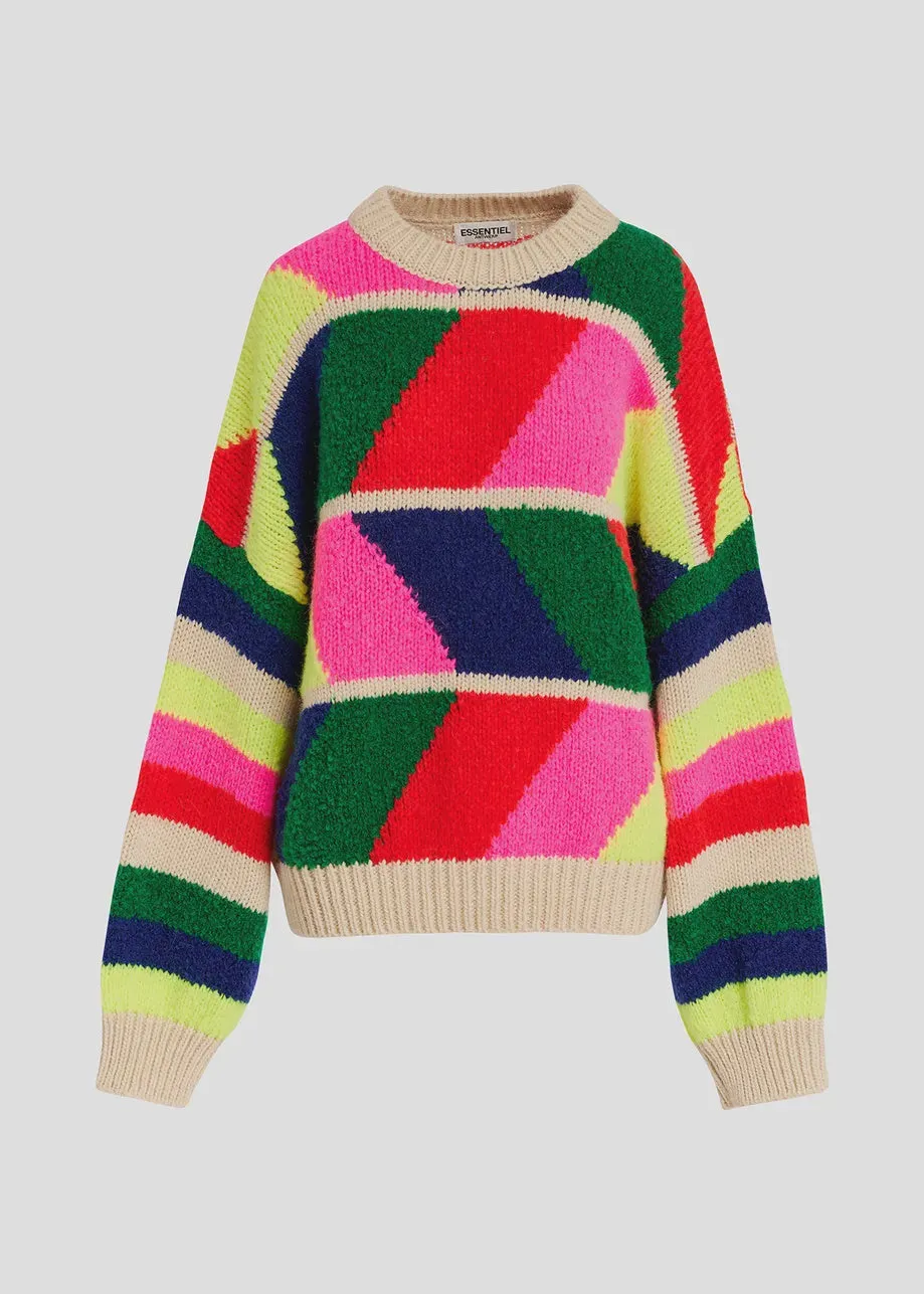Essentiel Antwerp Graduation Geometric Sweater - Beige / Fluo Pink / Red