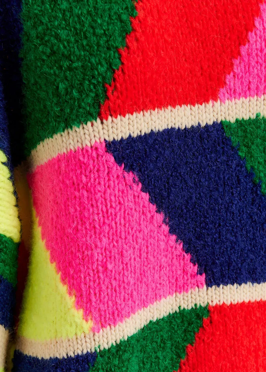 Essentiel Antwerp Graduation Geometric Sweater - Beige / Fluo Pink / Red