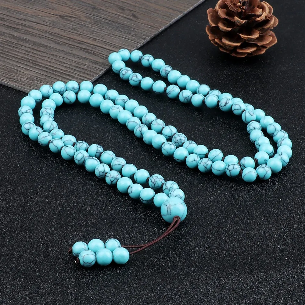 Fashion 108 Mala Natural Blue Onyx Beaded Prayer Bracelets  Necklaces