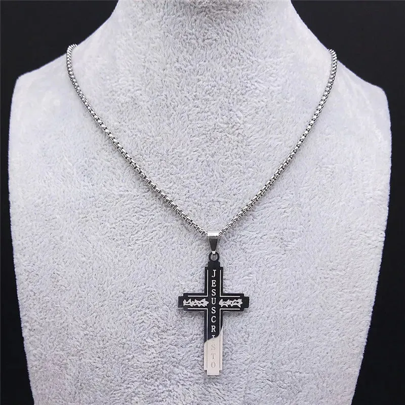 Fashion Cross Stainless Steel Statement Necklace for Men Silver Color Necklaces Pendants
