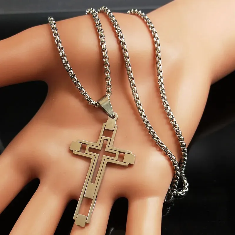 Fashion Cross Stainless Steel Statement Necklace for Men Silver Color Necklaces Pendants