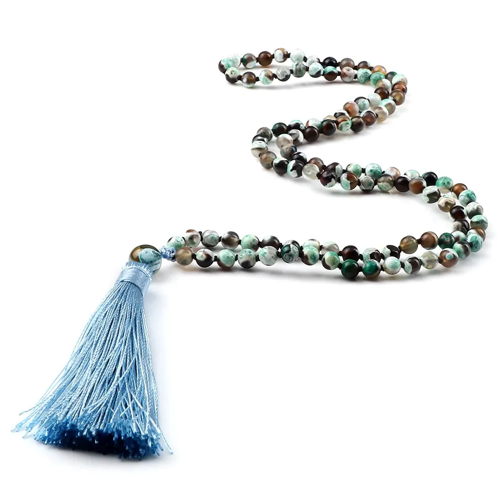 Fashion Women 108 Mala Beaded Necklaces 6mm Green Fire Agates Natural Stone Beads Tassel Necklace