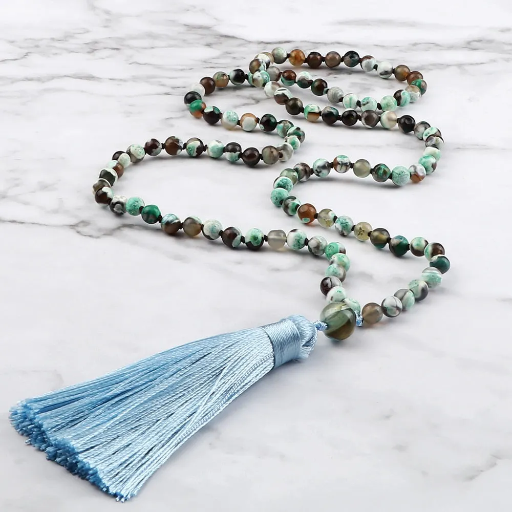 Fashion Women 108 Mala Beaded Necklaces 6mm Green Fire Agates Natural Stone Beads Tassel Necklace