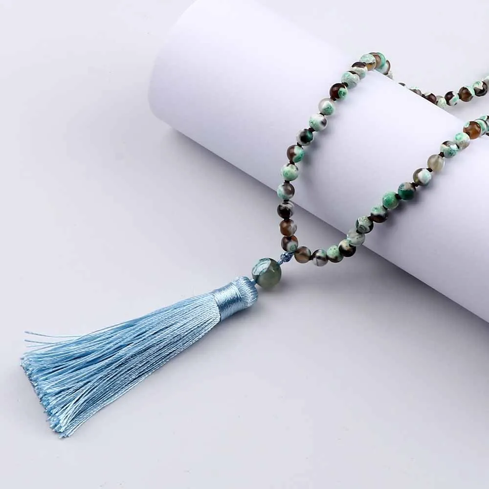 Fashion Women 108 Mala Beaded Necklaces 6mm Green Fire Agates Natural Stone Beads Tassel Necklace