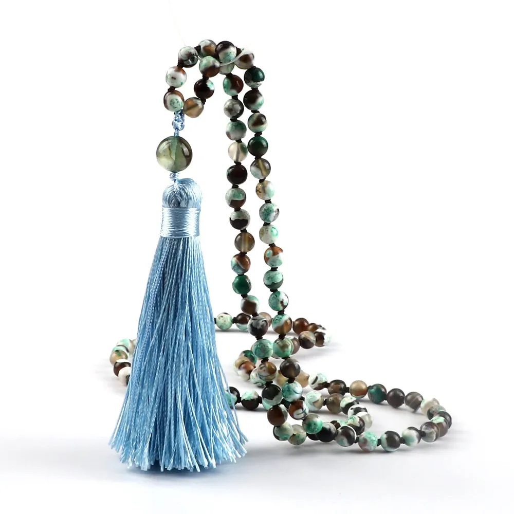 Fashion Women 108 Mala Beaded Necklaces 6mm Green Fire Agates Natural Stone Beads Tassel Necklace
