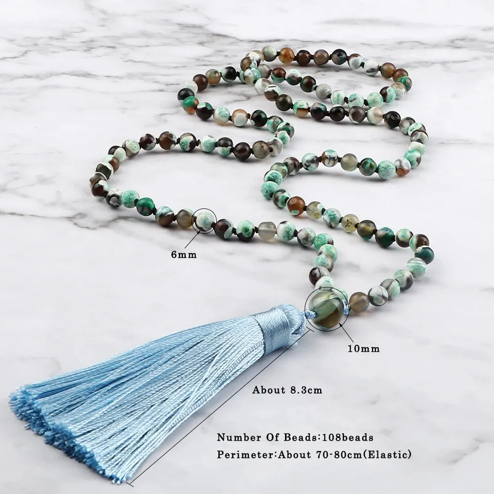 Fashion Women 108 Mala Beaded Necklaces 6mm Green Fire Agates Natural Stone Beads Tassel Necklace