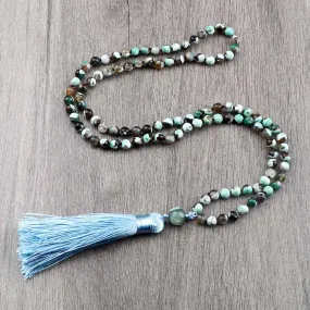 Fashion Women 108 Mala Beaded Necklaces 6mm Green Fire Agates Natural Stone Beads Tassel Necklace