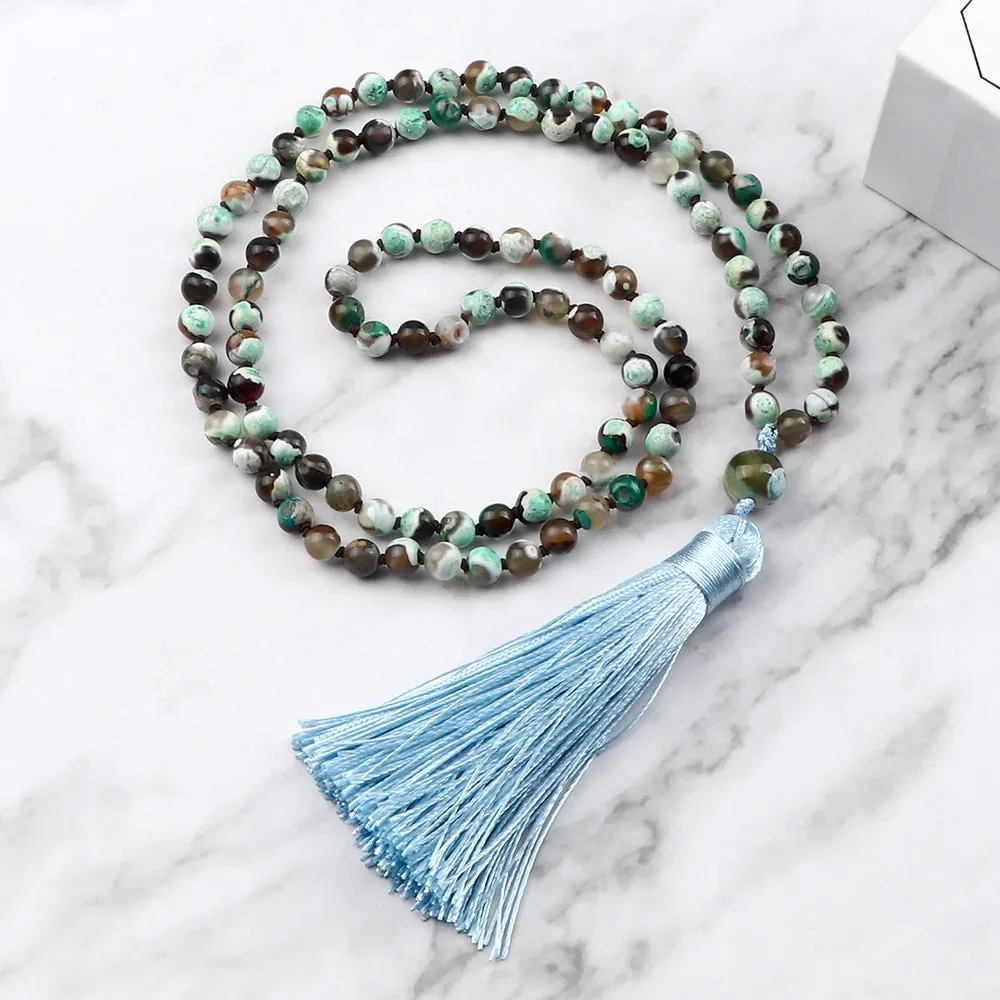 Fashion Women 108 Mala Beaded Necklaces 6mm Green Fire Agates Natural Stone Beads Tassel Necklace