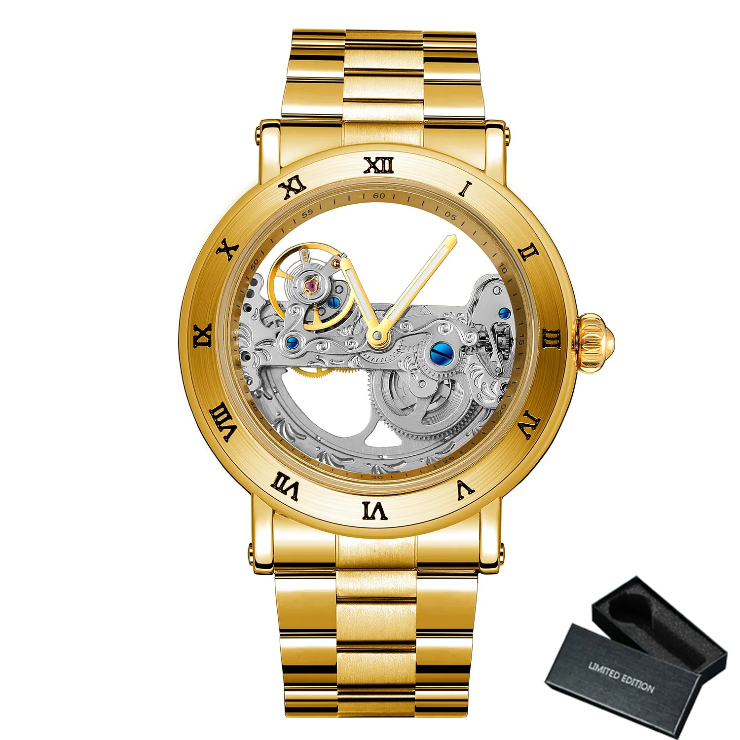 Forsining Golden Bridge Skeleton Automatic Mechanical Watches for Men Engraved Movement FS 225