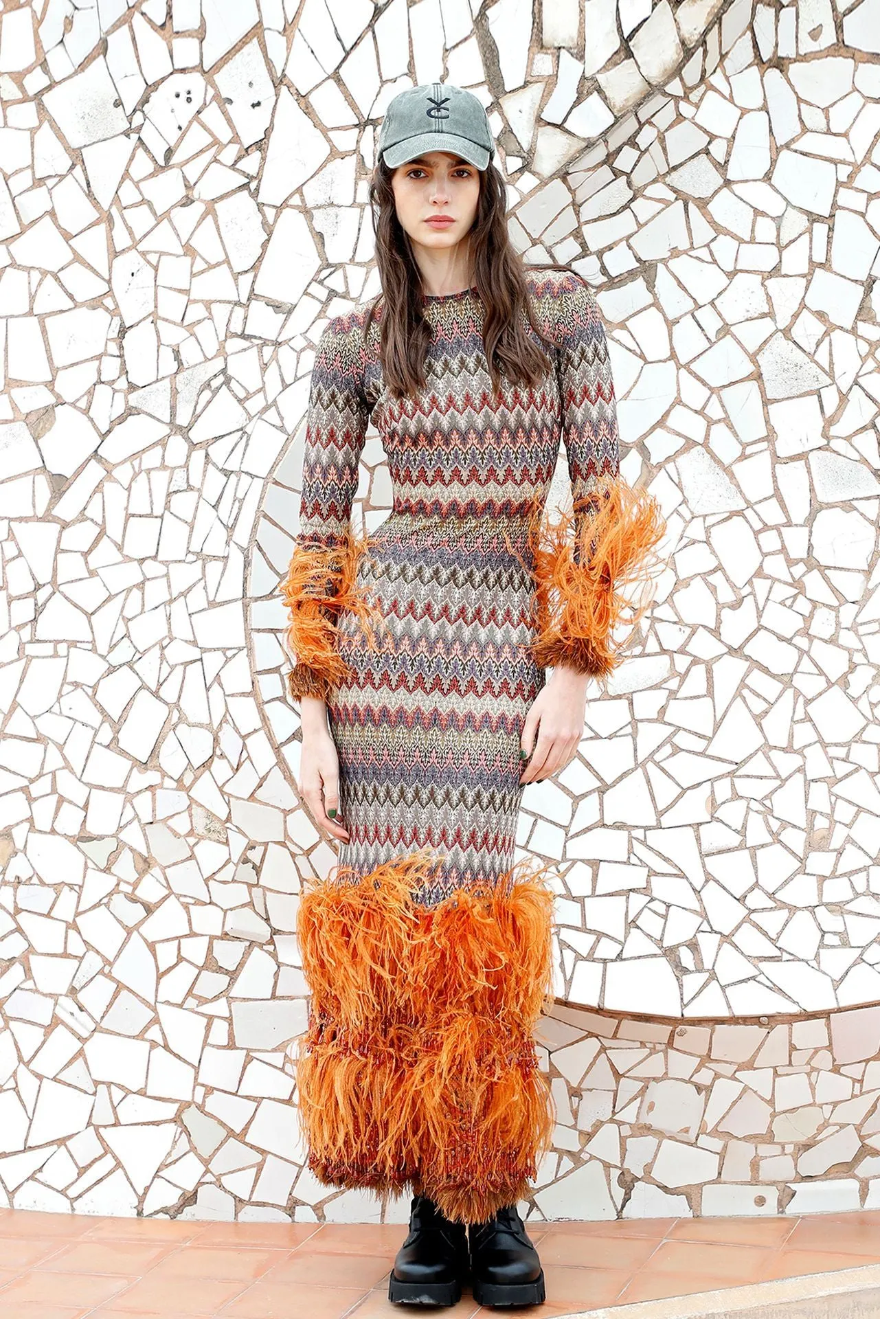 Geometric Patterned Fitted Dress with Feathers