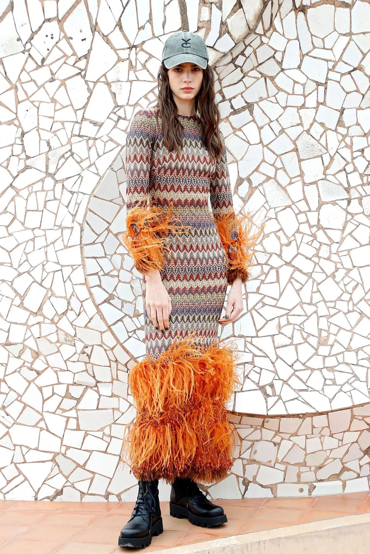 Geometric Patterned Fitted Dress with Feathers