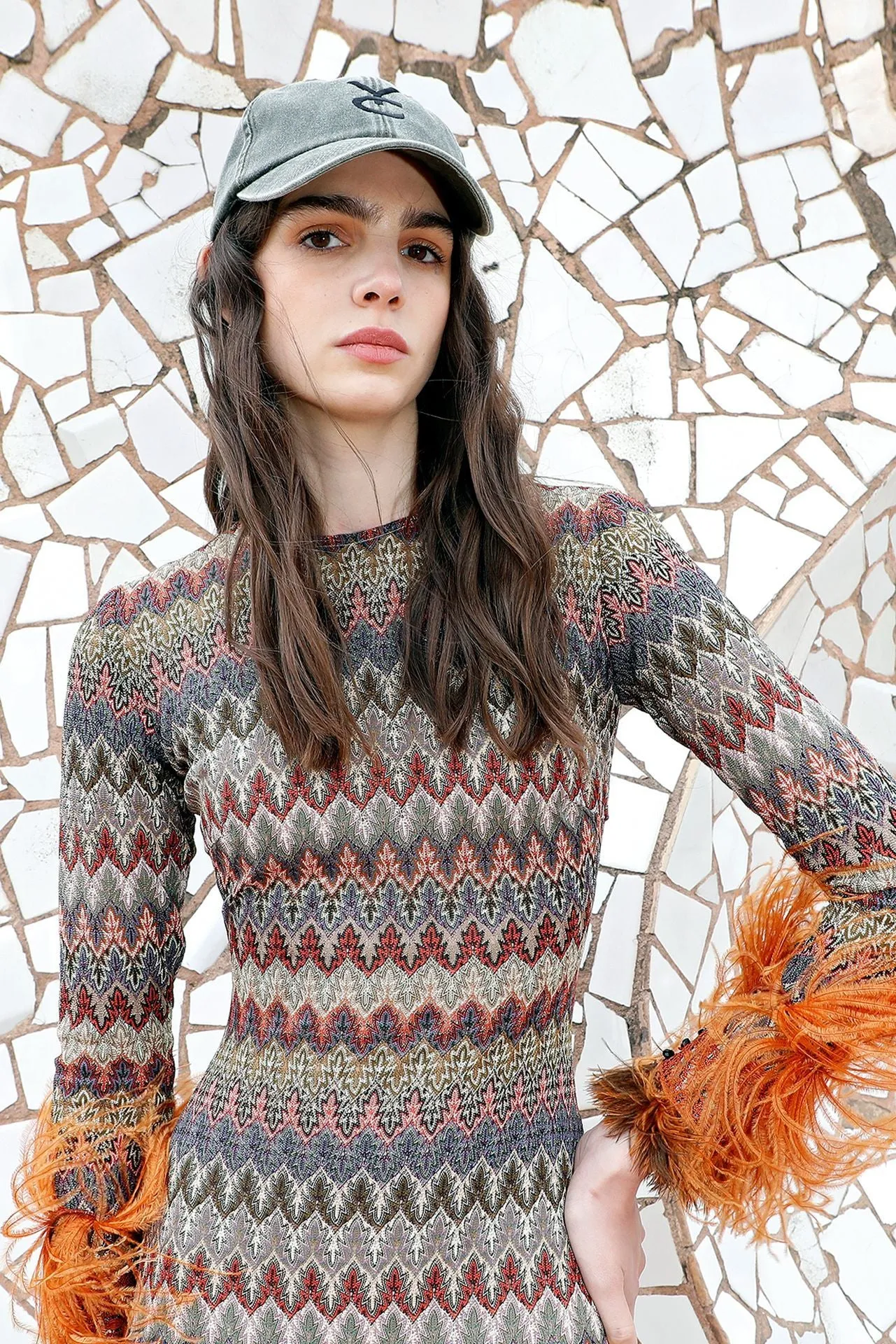 Geometric Patterned Fitted Dress with Feathers