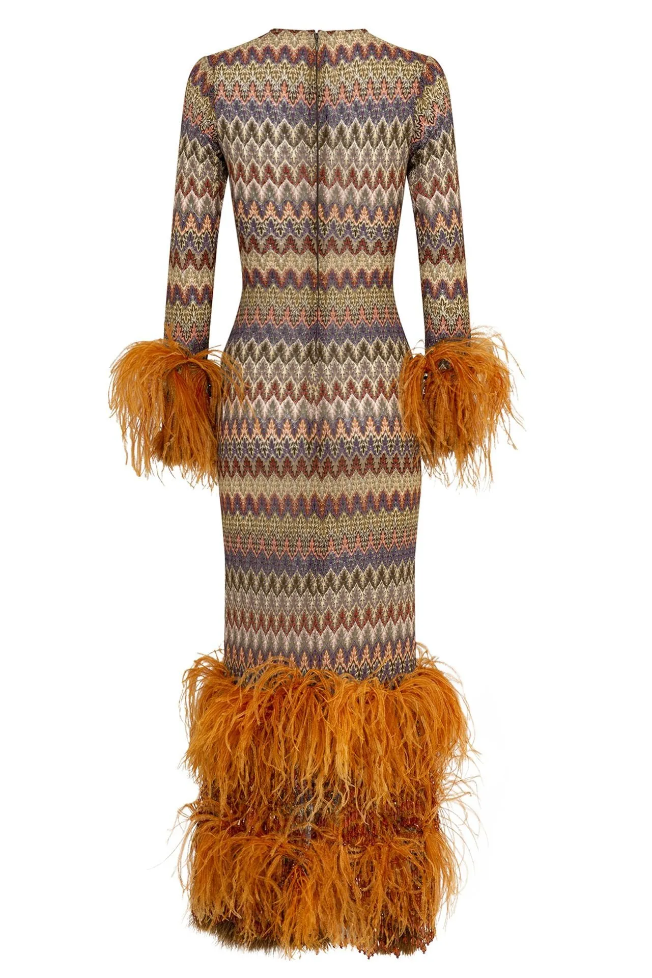 Geometric Patterned Fitted Dress with Feathers