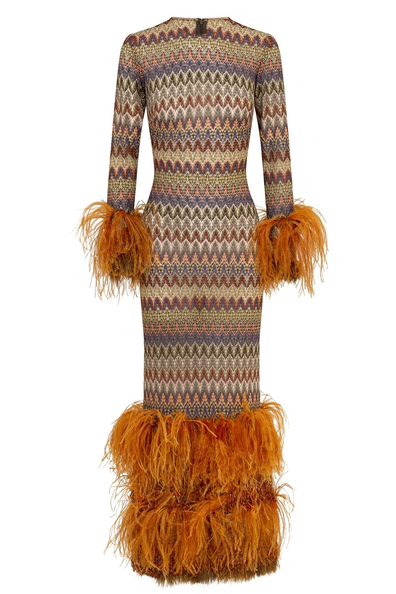 Geometric Patterned Fitted Dress with Feathers