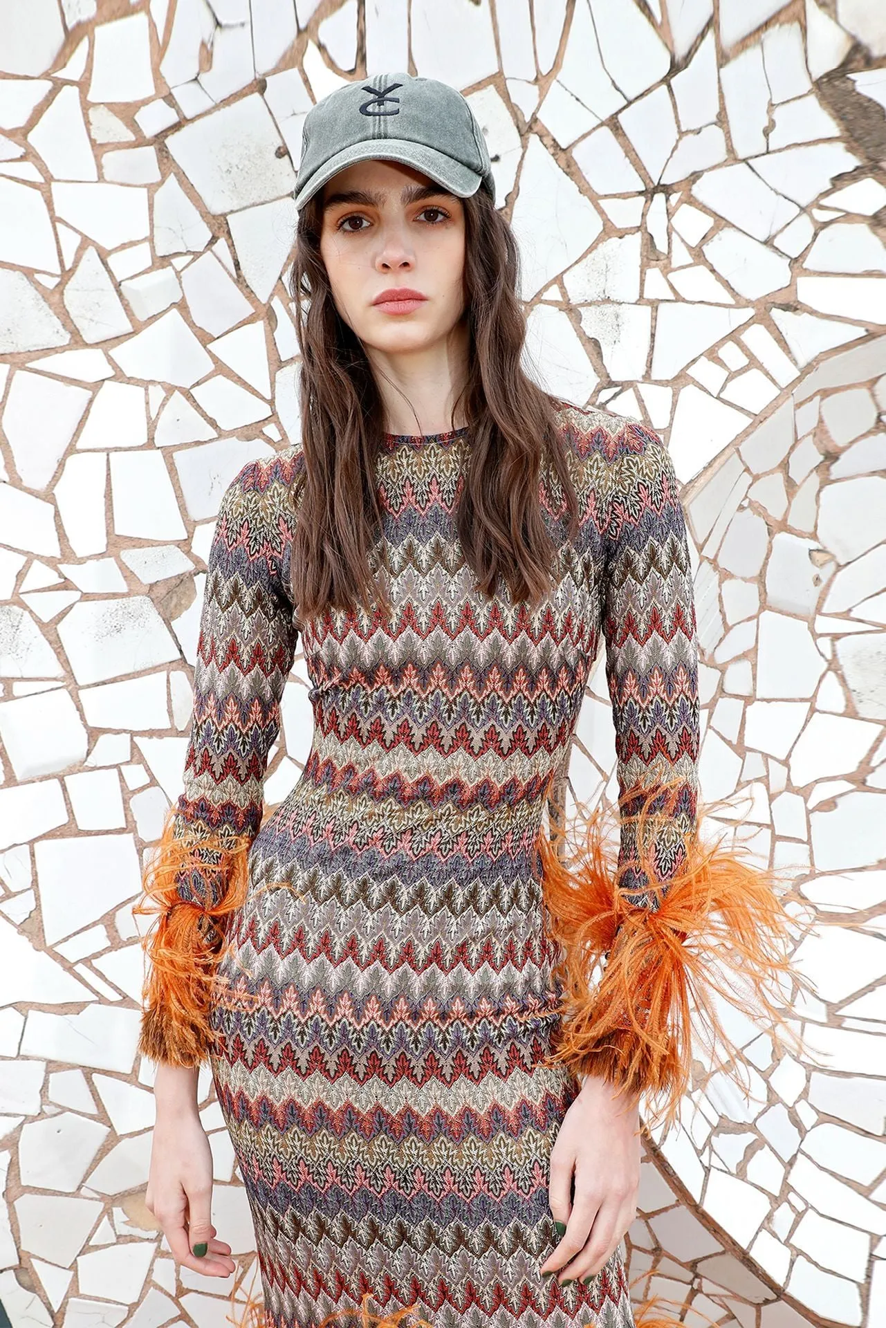 Geometric Patterned Fitted Dress with Feathers