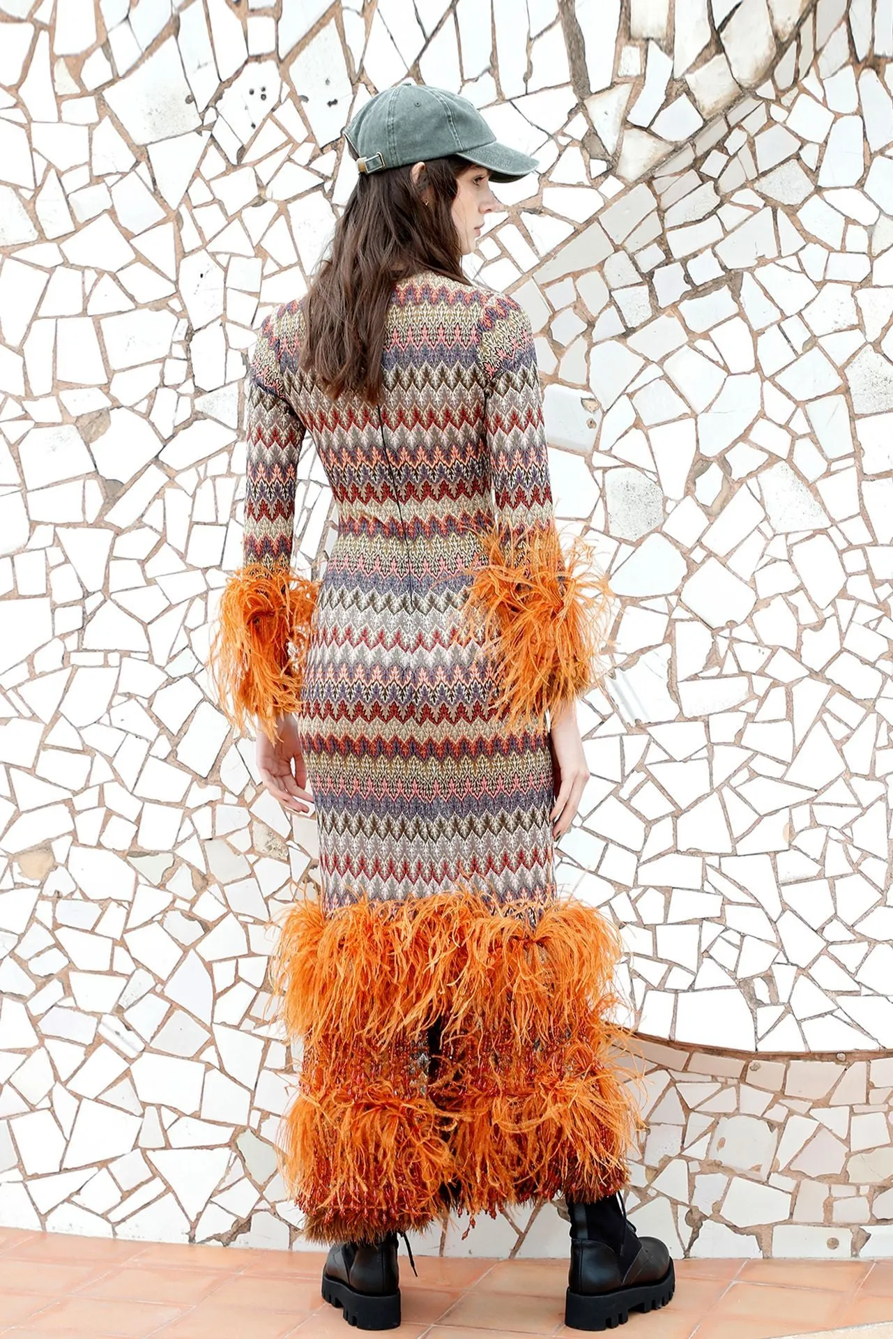 Geometric Patterned Fitted Dress with Feathers