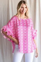 Geometric Print Top W/a U-Neck, Half Dolman Sleeves and Featuring Scrunch Cuffs