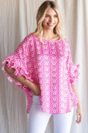 Geometric Print Top W/a U-Neck, Half Dolman Sleeves and Featuring Scrunch Cuffs