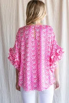 Geometric Print Top W/a U-Neck, Half Dolman Sleeves and Featuring Scrunch Cuffs