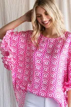 Geometric Print Top W/a U-Neck, Half Dolman Sleeves and Featuring Scrunch Cuffs