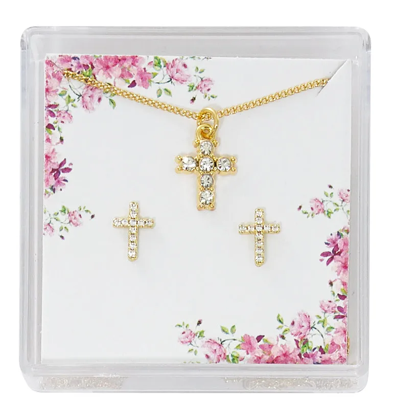 GOLD CRYSTAL CROSS EARRINGS & PENDANT SET