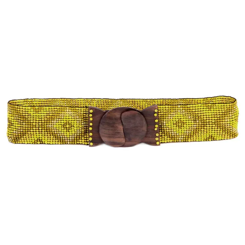Hand loomed glass bead belt wood scroll diamond x yellow