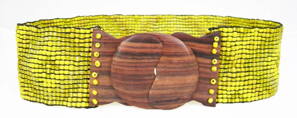 Hand loomed glass bead belt wood scroll diamond x yellow