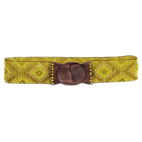 Hand loomed glass bead belt wood scroll diamond x yellow