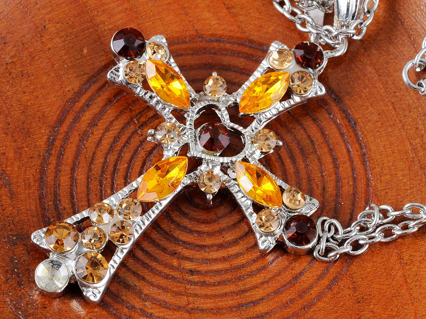 Heart Shape Center Holy Cross Topaz Brown Pendant Necklace